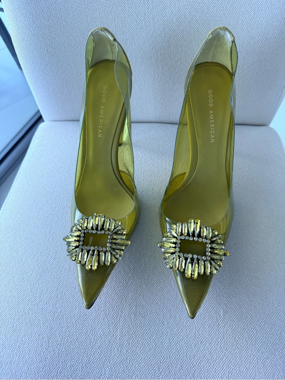 Good American Olive Pointed Toe Crystal-Buckle Pump